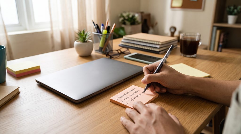 Kebiasaan Menulis Tiga Tugas Prioritas Harian di Selembar Sticky Note Sebelum Menyalakan Laptop